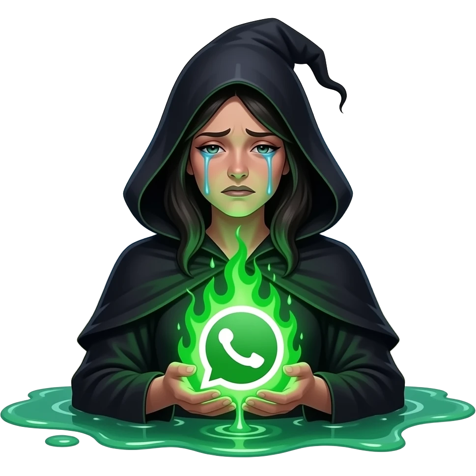 A dark sorcerer’s evil woman is crying expression, she is hand holding a WhatsApp logo burning with green magical flames. A liquid creams, text below: 'HAVE YOU MOVED HERE?'. Cinematic lighting, high-contrast emoji, disgusting, dead, valley of head bones in background emoji