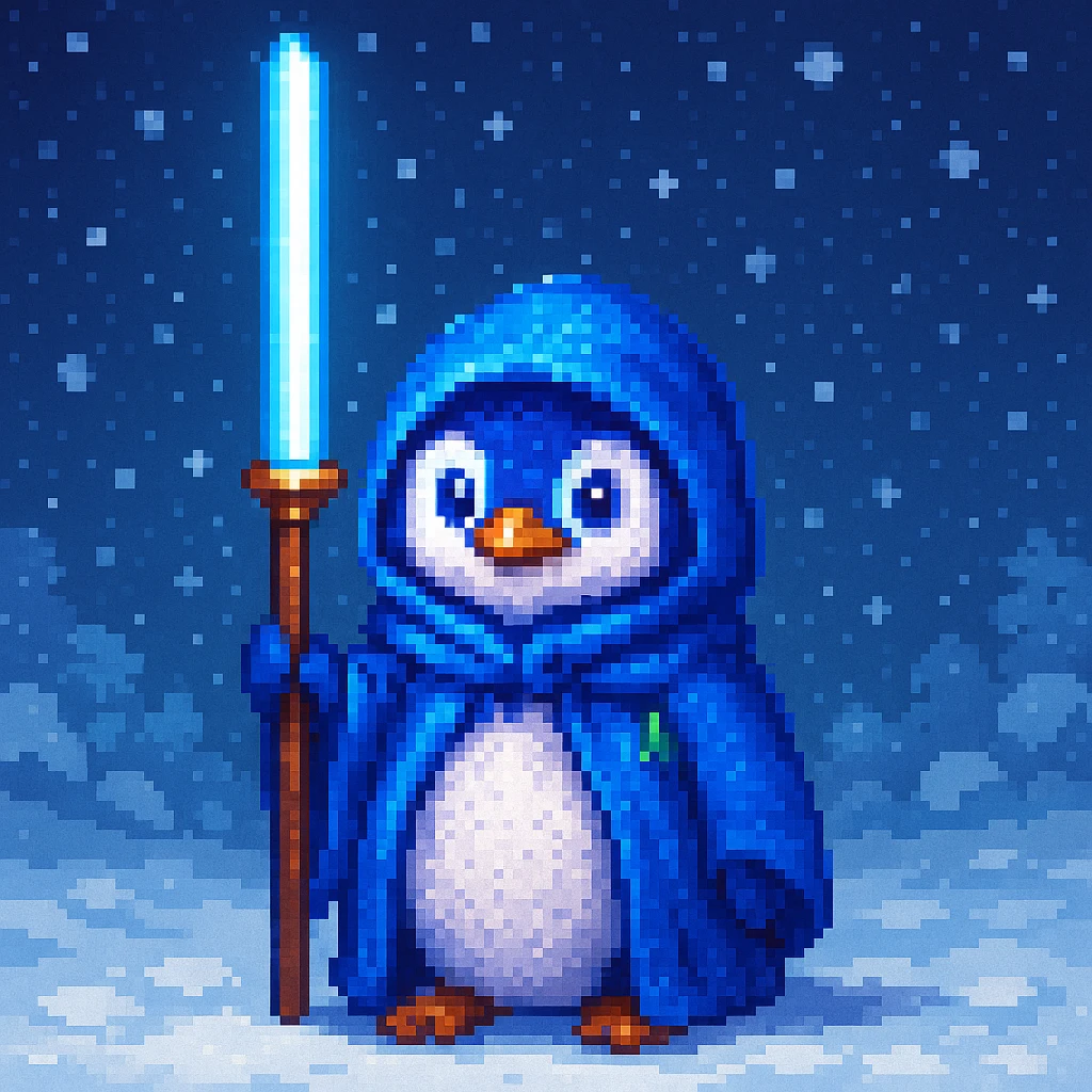 Add a snowy background behind the pixel art penguin wizard, keeping the retro video game pixel art style with blocky, pixelated details and limited color palette. emoji