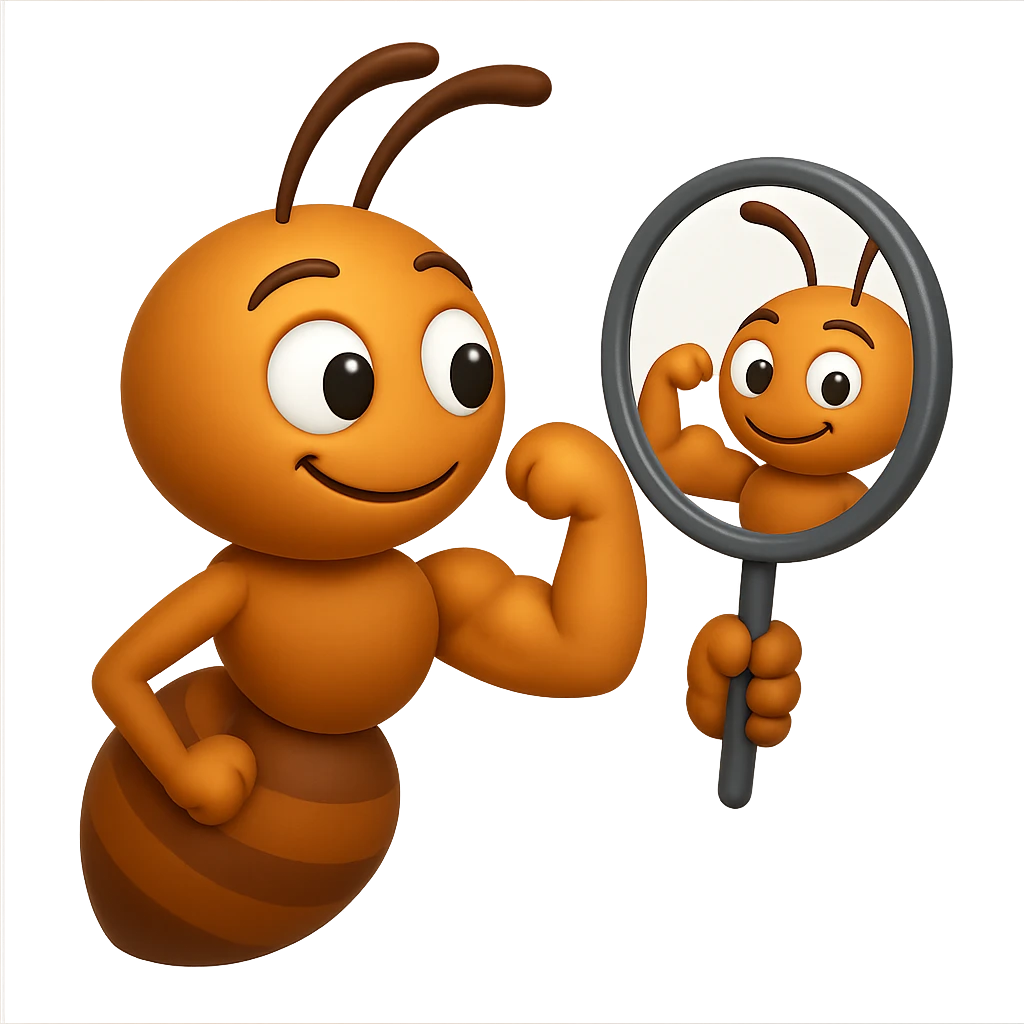 EMOJI STILE IPHONE 3D DI una formica che si guarda allo specchio felice e sicura di sè mentre contrae il suo bicipite muscoloso, fagli anche la parte bianca degli OCCHI, non solo la pupilla emoji