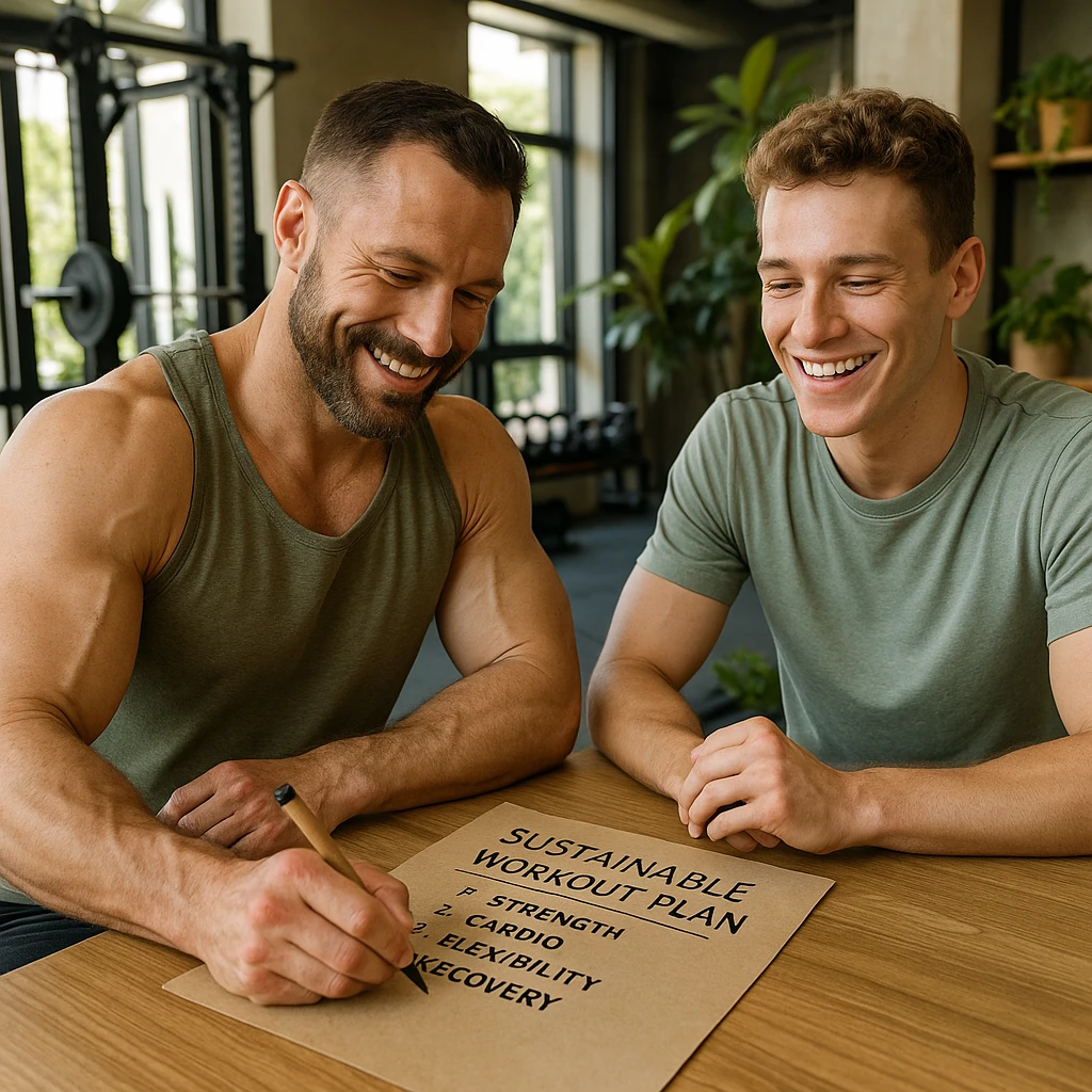 Hyperrealistic 4K image of a bodybuilding coach writing a sustainable workout plan on recycled paper with client next to him in a modern gym with eco-friendly details. Positive and motivational atmosphere with natural light and plants. emoji
