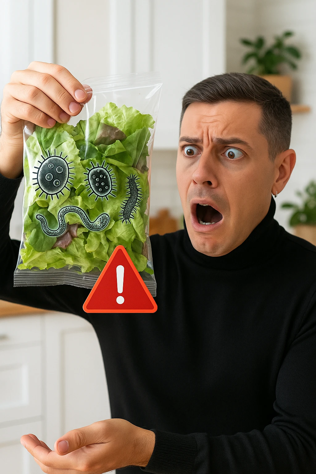 a man with a shocked expression holds a bag of salad greens up to the light. Through the clear plastic, enlarged and detailed images of various parasites and bacteria are visible among the leaves. A red warning triangle with an exclamation mark floats near the bag, emphasizing the health risk. The setting is a bright, everyday kitchen. emoji