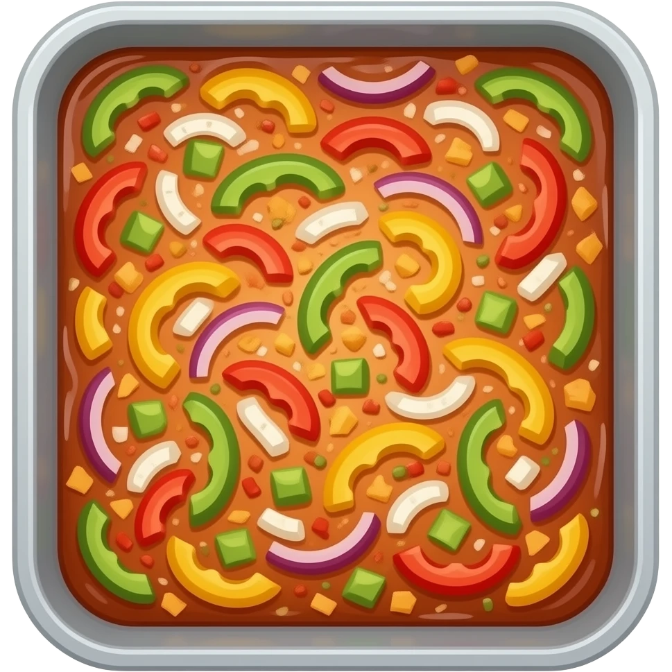 I want an emoji that represents oven dishes, healthy meals cooked in a baking tray, for example fajita vegetables (paprika etc), not view from above but sideways, a little bit more elegant please and the baking tray flat and squared please without dough, again pleas from the side, not from above emoji