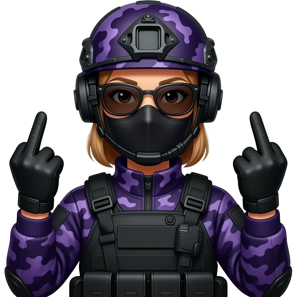 Woman in large black aviator sunglasses dark purple camoflage tactical gear helmet and mask giving the finger two times in black gloves emoji