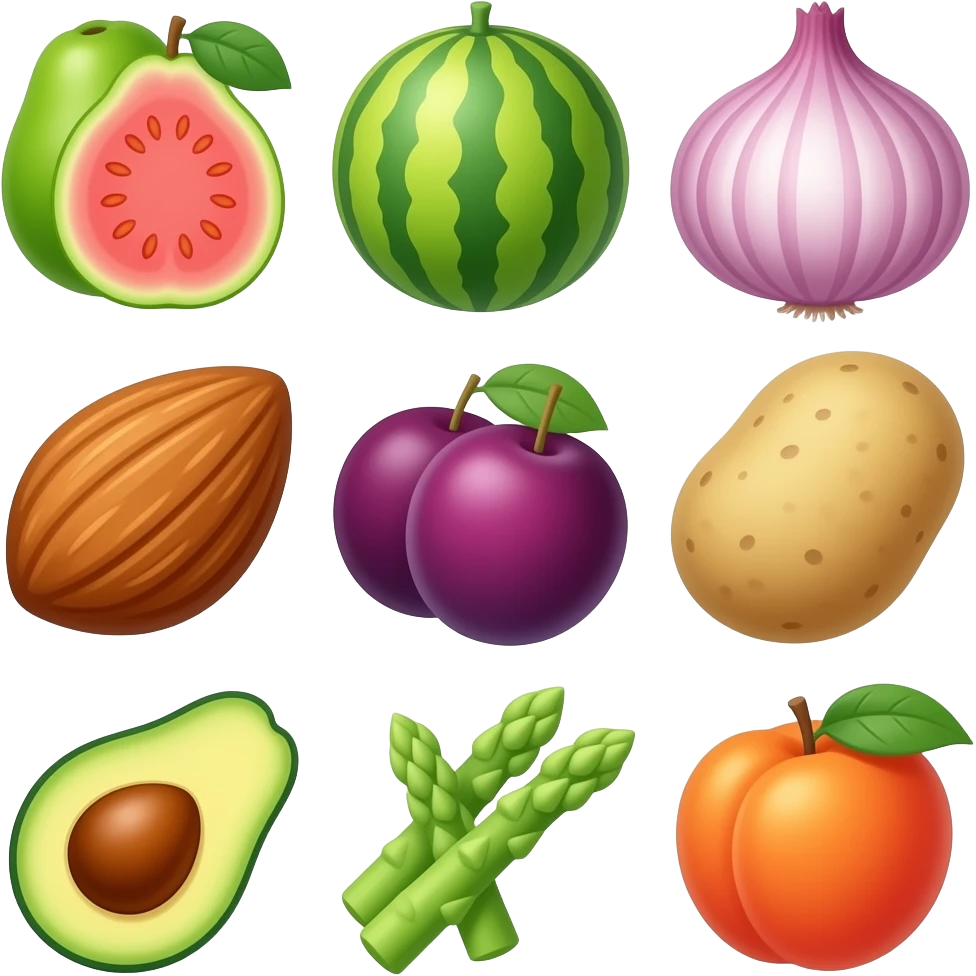 make me the following emojis: fig, guava, melons, onion, almonds, plums, potato, avocado , asparagus, peach, emoji