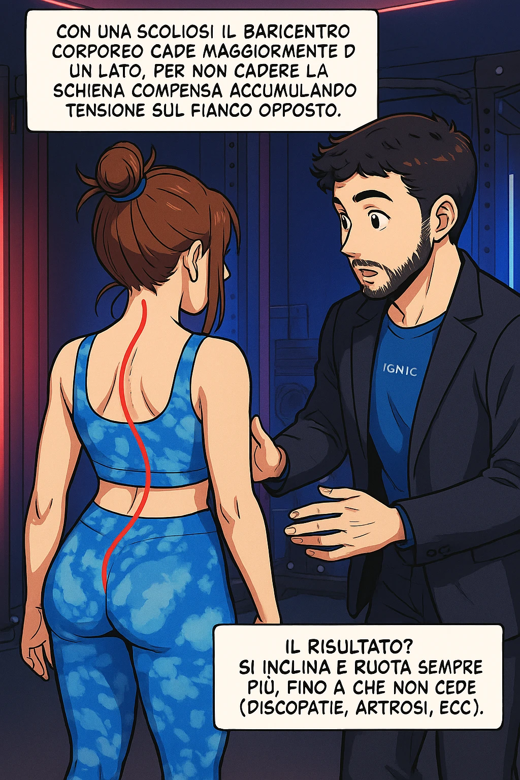 fai questa immagine in versione manga/webtoon a colori, il manga mostra la donna di spalle, mentre l'uomo le tocca la spina dorsale per spiegarle come funziona la scoliosi:
Con una scoliosi il baricentro corporeo cade maggiormente da un lato; per non cadere la schiena compensa accumulando tensione sul fianco opposto.
Il risultato? Si inclina e ruota sempre più, fino a che non cede (discopatie, artrosi, ecc) emoji