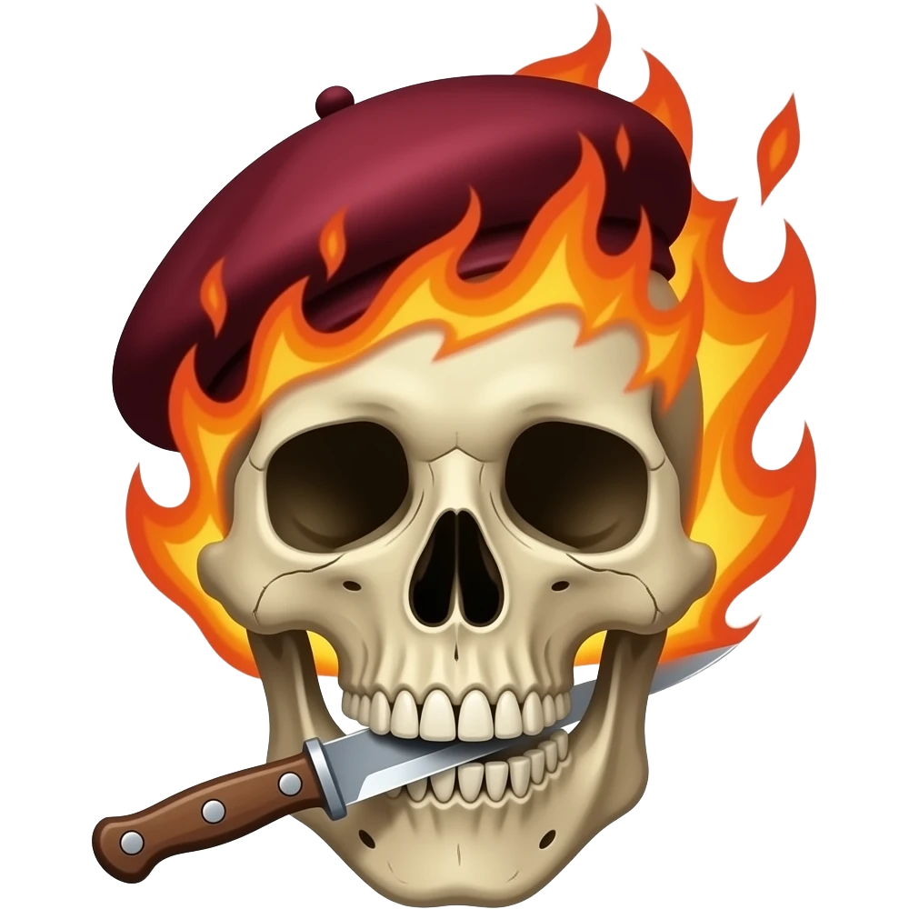 A skull with maroon beret and knife through his mouth and fire over the skull like ghost rider emoji