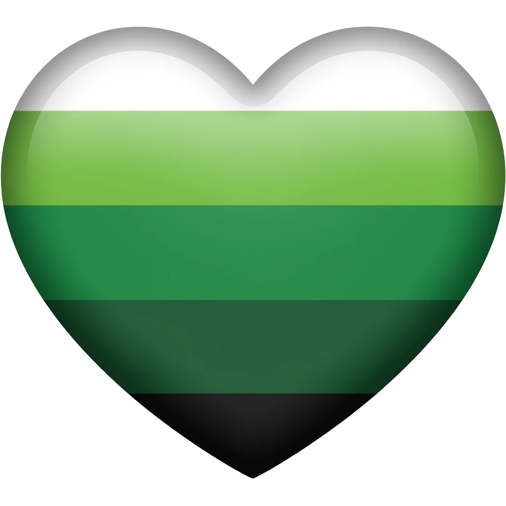 a heart in the colors of the aromantic flag white, green, dark green, darker green, a more darker green, and black in straight stripes emoji