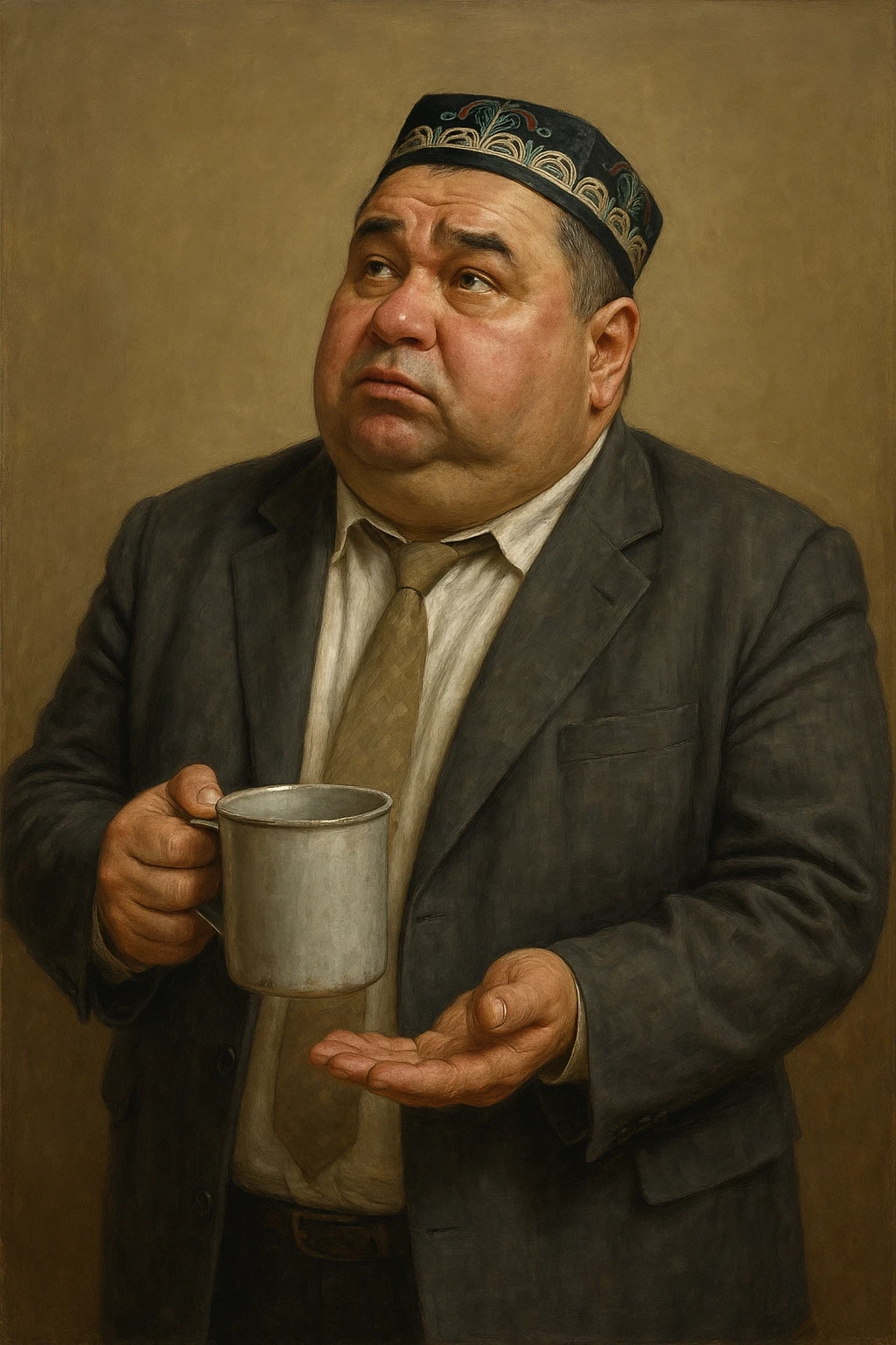 Сгенерируй мне с кружкой толстого чиновника в пиджаке и узбекской тюбитейке, он стоит как будто ждет что в кружку что то нальют, в стиле реалистичной живописи на однородном фоне. Кружка металическая советская emoji