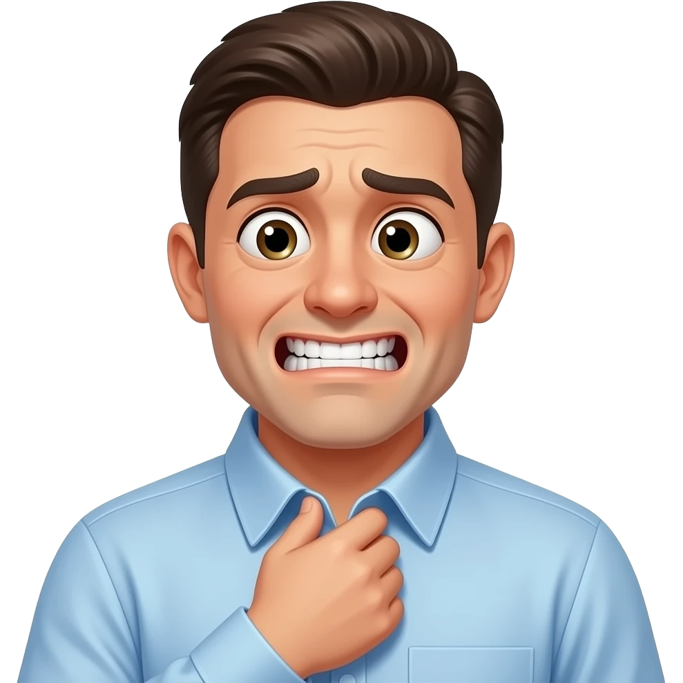 extremely awkward and nervous, wide, frantic eyes looking to the side, wide, forced 'grimace' smile showing gritted teeth, hand is awkwardly hooked into the collar of a light blue button-down shirt, pulling it away from the neck far emoji