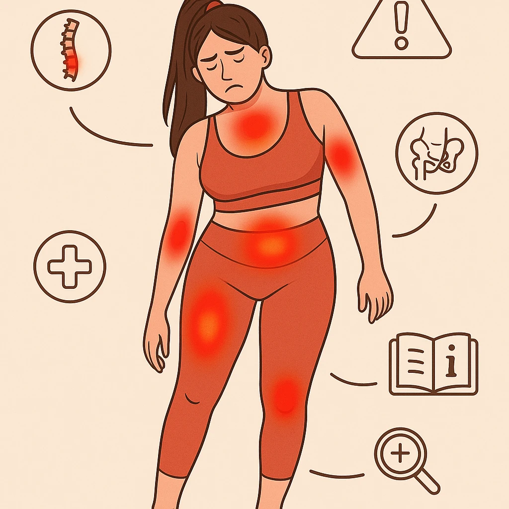 Medical infographic style illustration of a woman with asymmetric posture and tilted pelvis, visible inflammation with red and swollen areas, icons and symbols highlighting critical zones, educational atmosphere. emoji