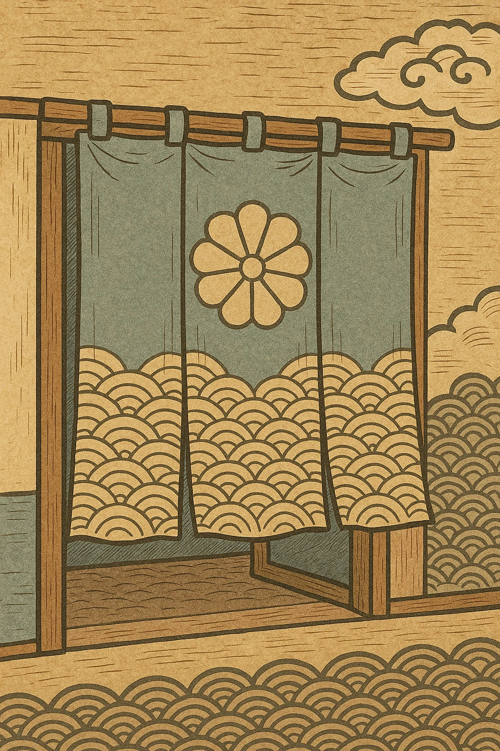 Japanese traditional fabric noren curtain, calm colors, simple pattern, Japanese style emoji