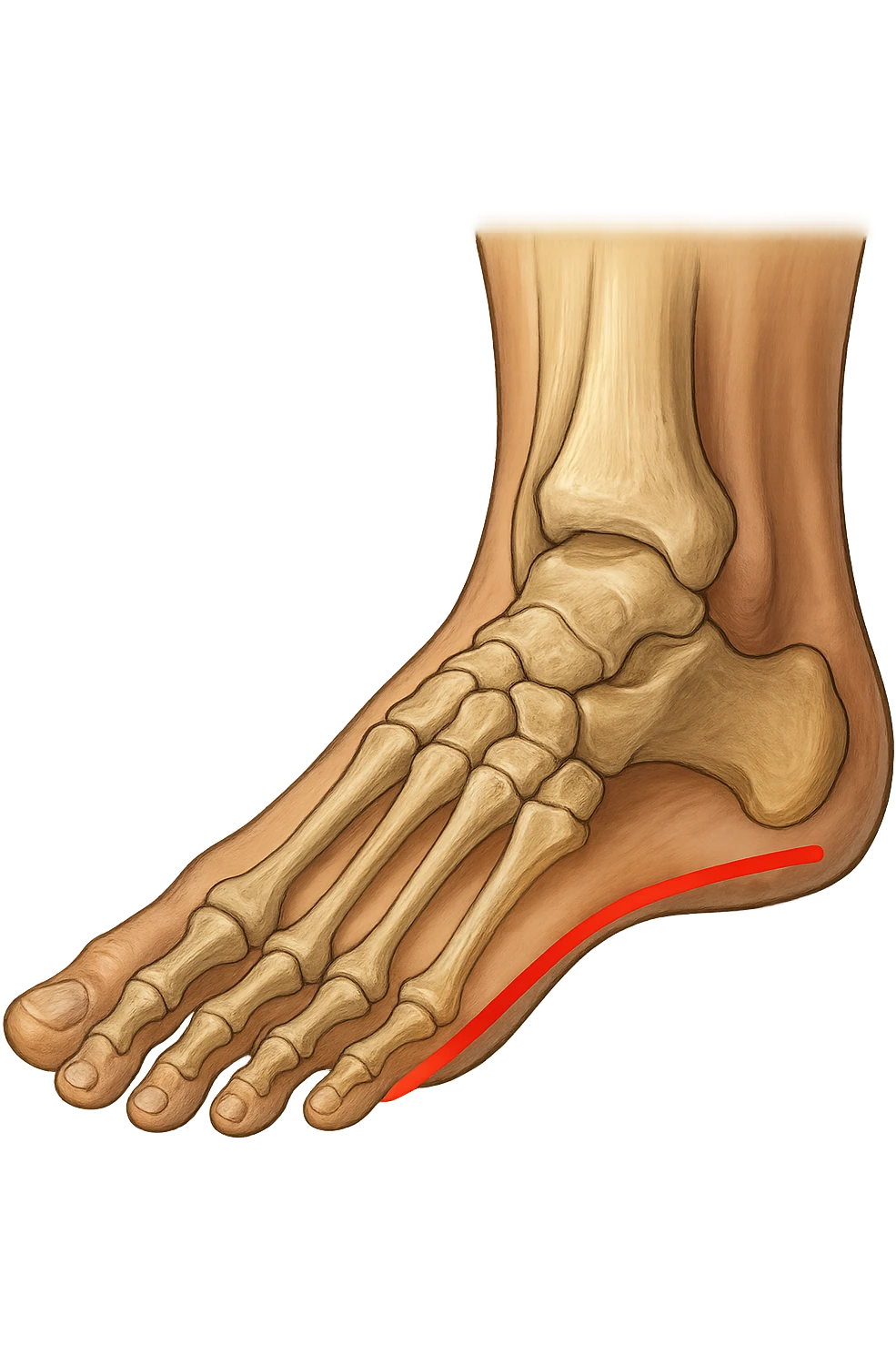 spazio dall'avampiede al tallone umano sottolineato in rosso, fai l'arto umano anatomico realistico con evidenza su quel tratto emoji