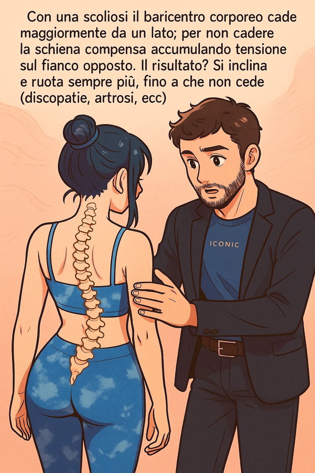 fai questa immagine in versione manga/webtoon a colori con stile di disegno carino e moderno, il manga mostra la donna di spalle, mentre l'uomo le tocca la spina dorsale per spiegarle come funziona la scoliosi:
Con una scoliosi il baricentro corporeo cade maggiormente da un lato; per non cadere la schiena compensa accumulando tensione sul fianco opposto.
Il risultato? Si inclina e ruota sempre più, fino a che non cede (discopatie, artrosi, ecc) emoji