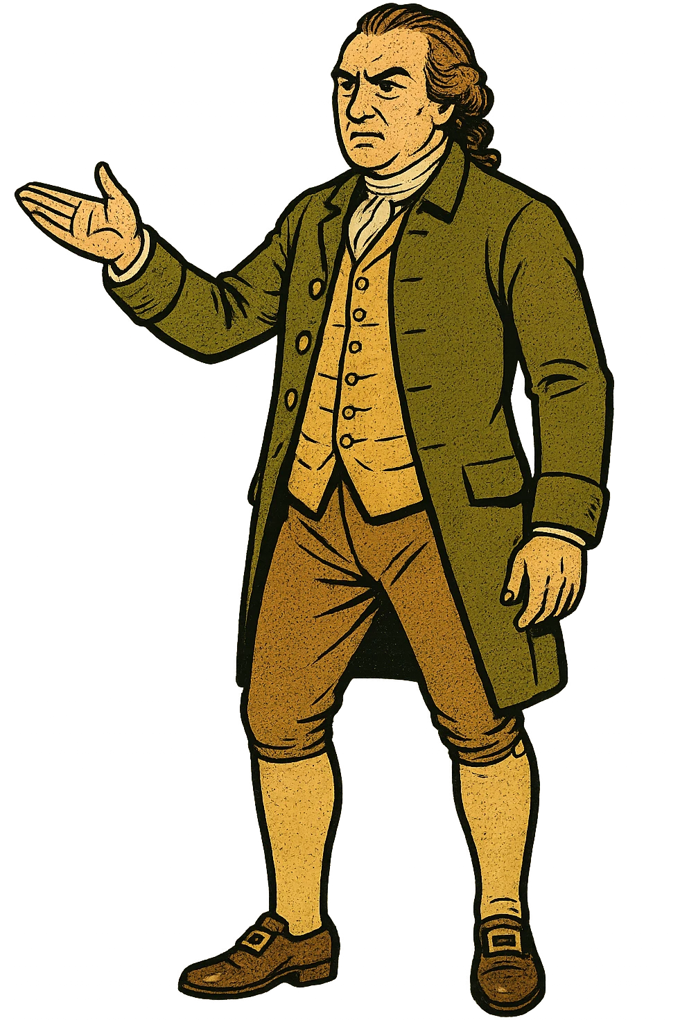 The full body of 1700s surgeon John Hunter standing with one of his arms out presenting something emoji