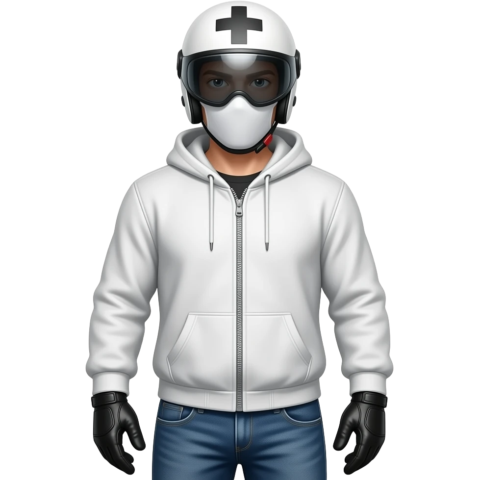 man wearing blue jeans, a white hoodie, black leather gloves, a white crosshelmet with a dark eyes shield and a white mask emoji