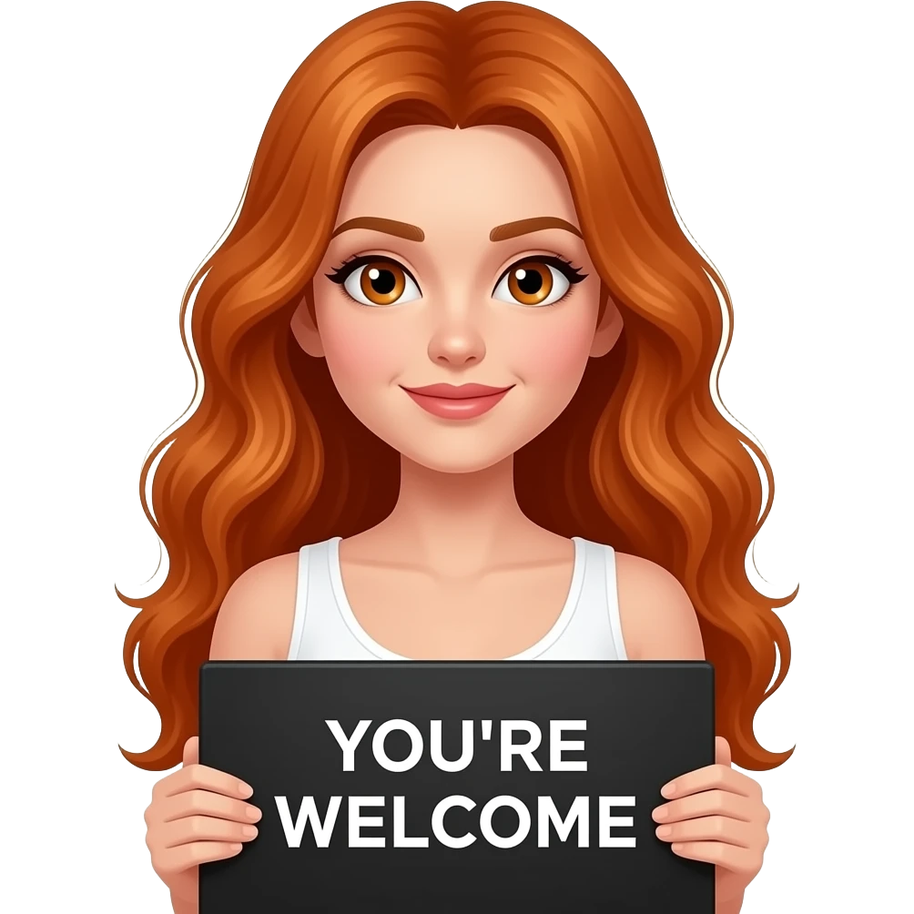 sexy girl with long wavy ginger hair and ginger eyes wearing a white tanktop is holding a black colored sign with YOU'RE WELCOME written on it emoji