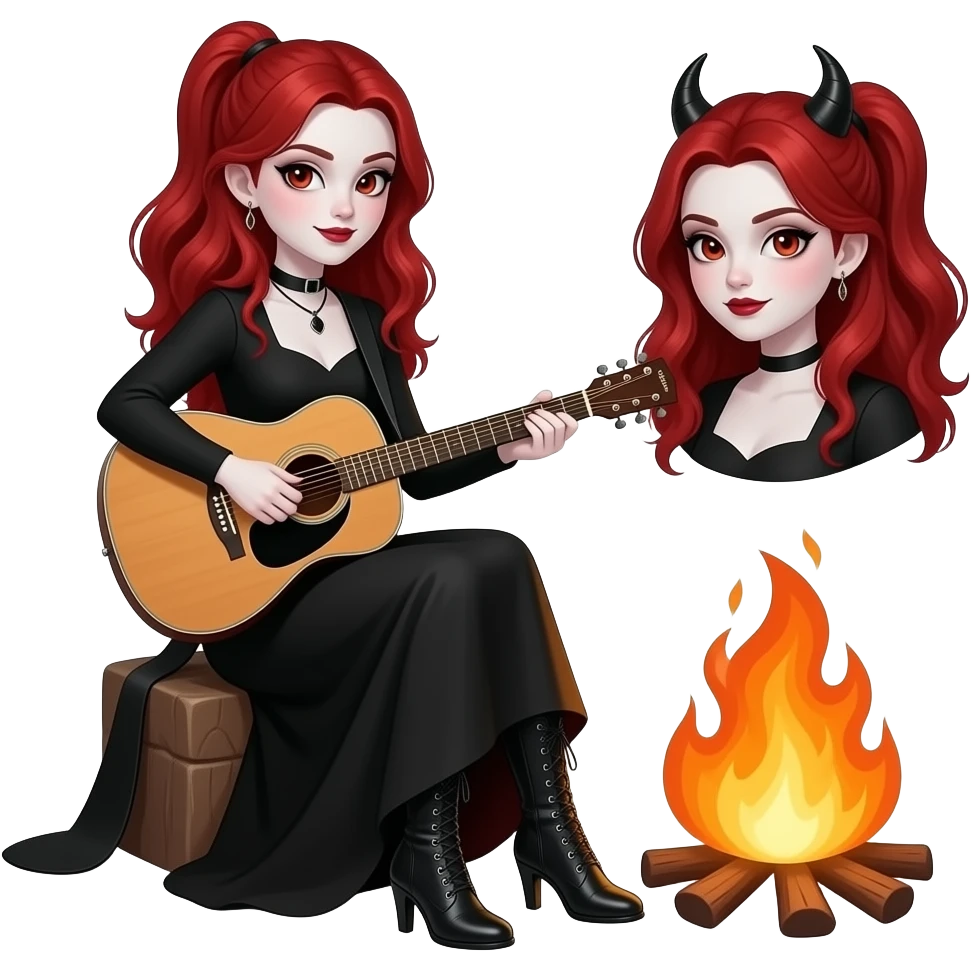 Vampiro femmina ADOLESCENTE con pelle bianca e capelli rosso ondulati lunghi raccolti in una mezza coda che indossa un vestito  lungo fino ai piedi nero e stivali lunghi con tacco neri che sta suonando una chitarra di legno seduta davanti a una falò con la sua amica FEMMINE VAMPIRO emoji