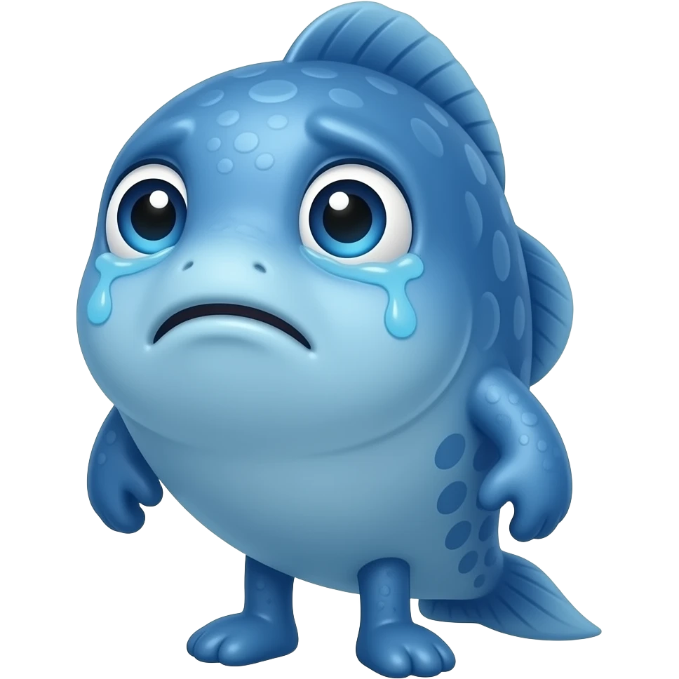 A little blue fish standing up with legs and arms, looking at us with a very sad face with tears emoji