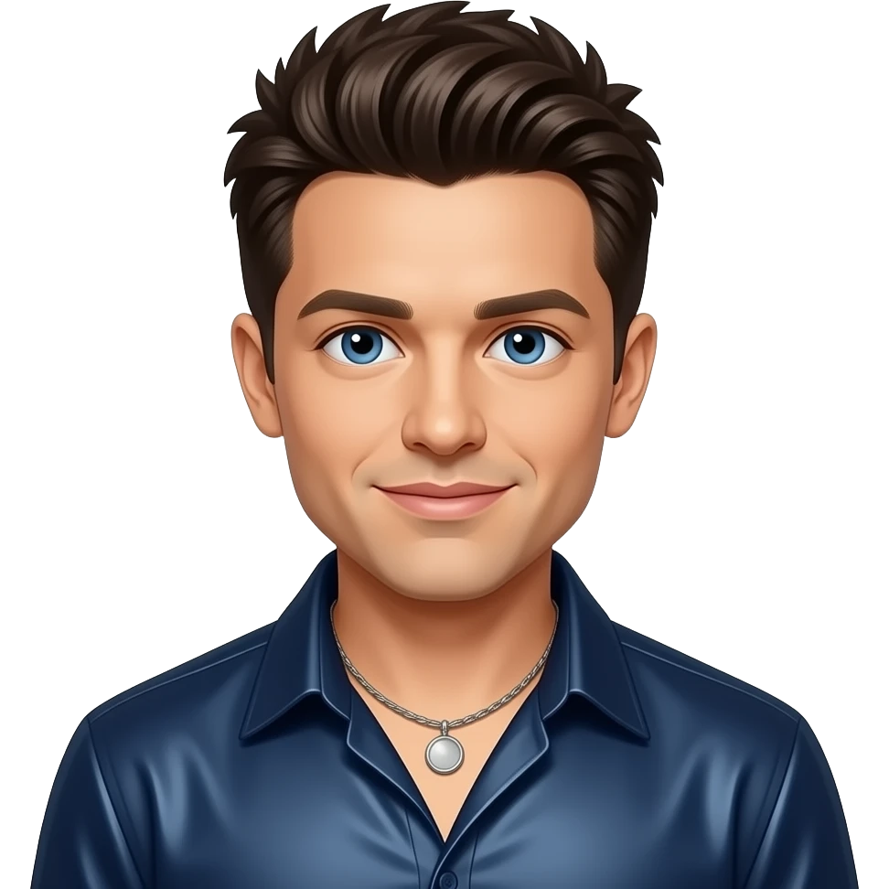JC Chasez from NSYNC with blue eyes, dark brown 90s spiky hair, dark indigo metallic shirt, necklace emoji