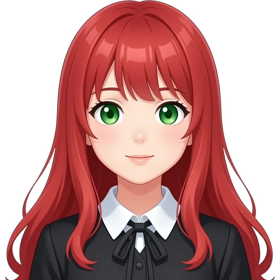 anime girl looking to right  long red hair green eyes black blouse with white collar emoji