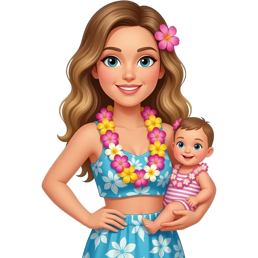 🧍🏼‍♀️ holding a baby on her hip, change the baby to look Hawaiian, the mom is white with brownish blonde hair emoji