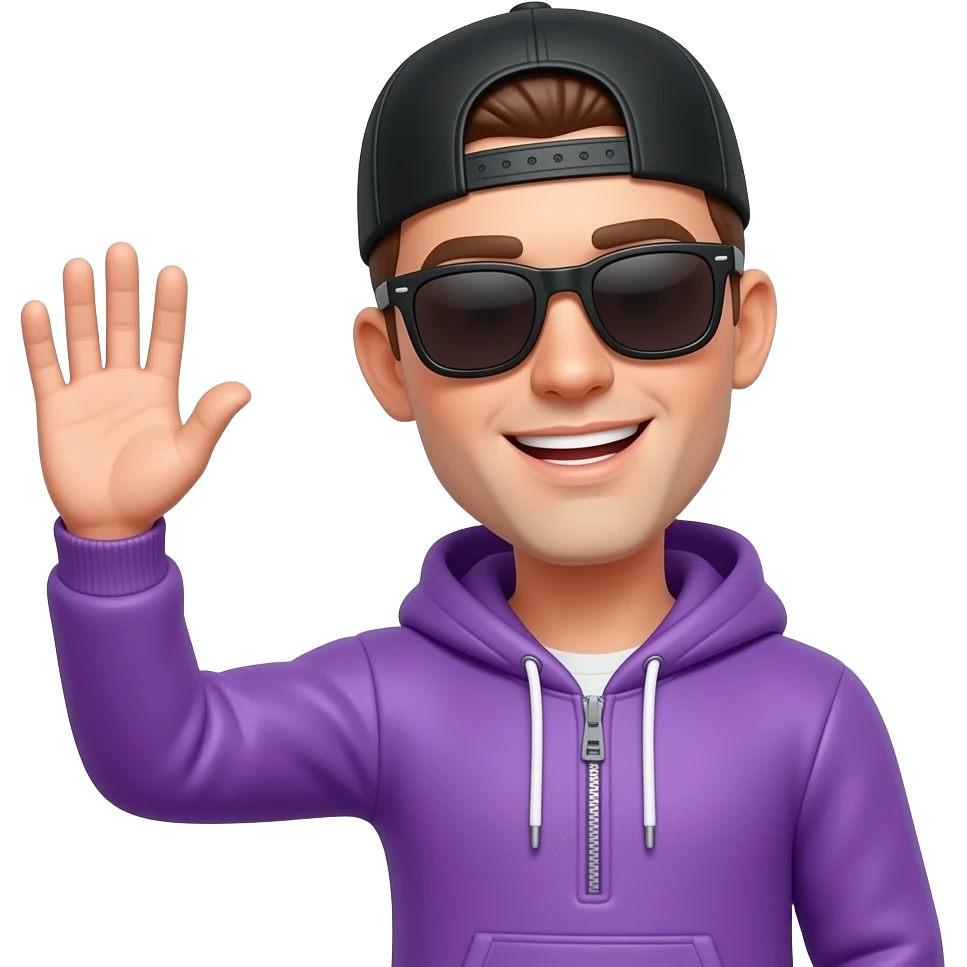 tall skinny guy with black basecap, purple hoodie, sunglasses waving hand emoji