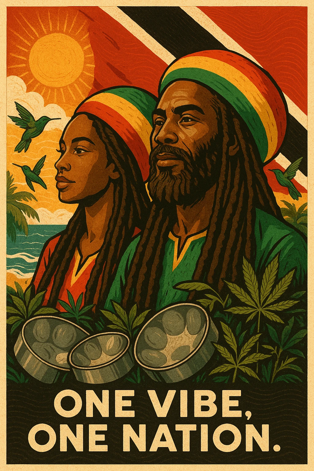 Create a vibrant digital illustration in vintage poster style featuring a proud Trinidadian Rasta man and woman with long dreadlocks and a bold red, gold, and green tam. The background should incorporate the Trinidad and Tobago flag in a stylized, textured way — using deep red, black, and white tones that blend with tropical elements. Surround the figure with iconic cultural symbols like steelpan drums, ganja leaves, and hummingbirds in flight. Add warm Caribbean sunlight, ocean waves, and lush greenery to enhance the island energy. The Rasta man should radiate peace, power, and island wisdom — with bold facial features, calm expression, and a sense of spiritual presence. The overall tone should be rootsy, regal, and rich with island soul — merging reggae culture with Trinidadian pride. Optional accents: subtle soca rhythm lines in the background or a quote like “One Vibe, One Nation.” emoji