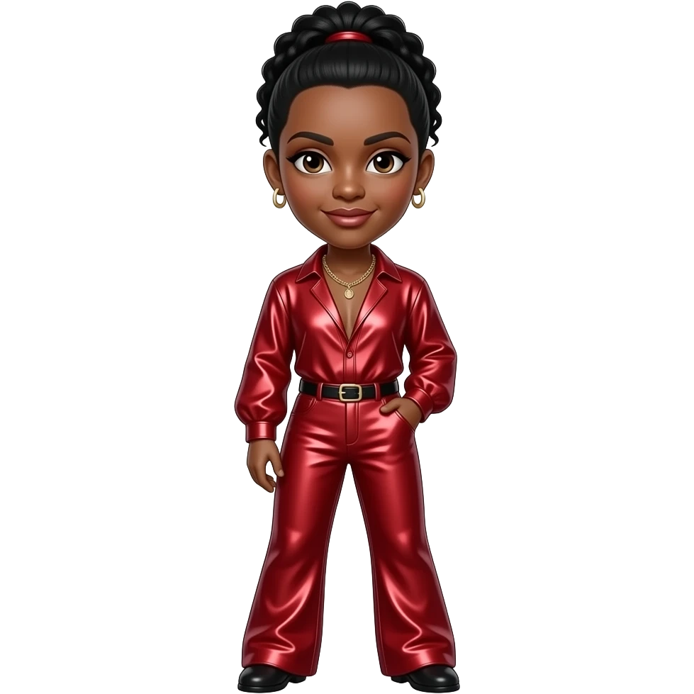 Bobby Brown with dark brown eyes, black gumby hair, red metallic blouse, red metallic long baggy pants, necklace and earrings emoji