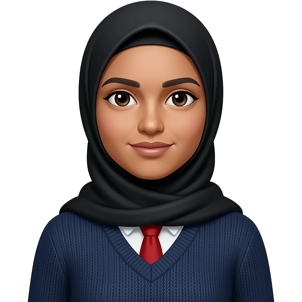 make Hazine, red tie, black hijab, dark blue pull over, not that white, normal mallu skin emoji
