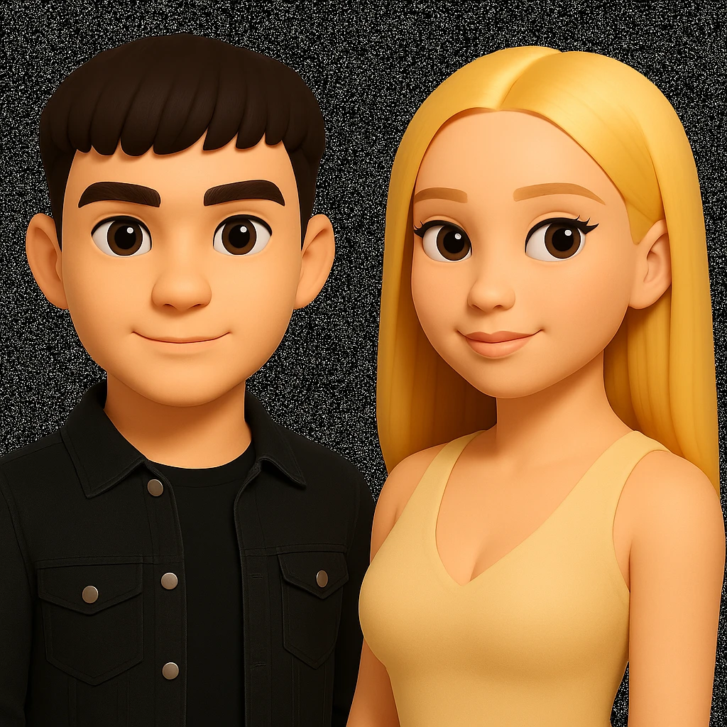 Slightly increase the volume of the upper body of the girl, separate the girl and the boy from each other, and make the skin color the same for both characters. Maintain the cartoonish 3D style as in the reference image. emoji