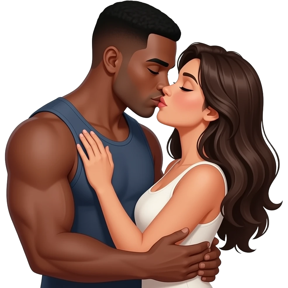 Black muscular man kissing Spanish woman with long hair hugging emoji