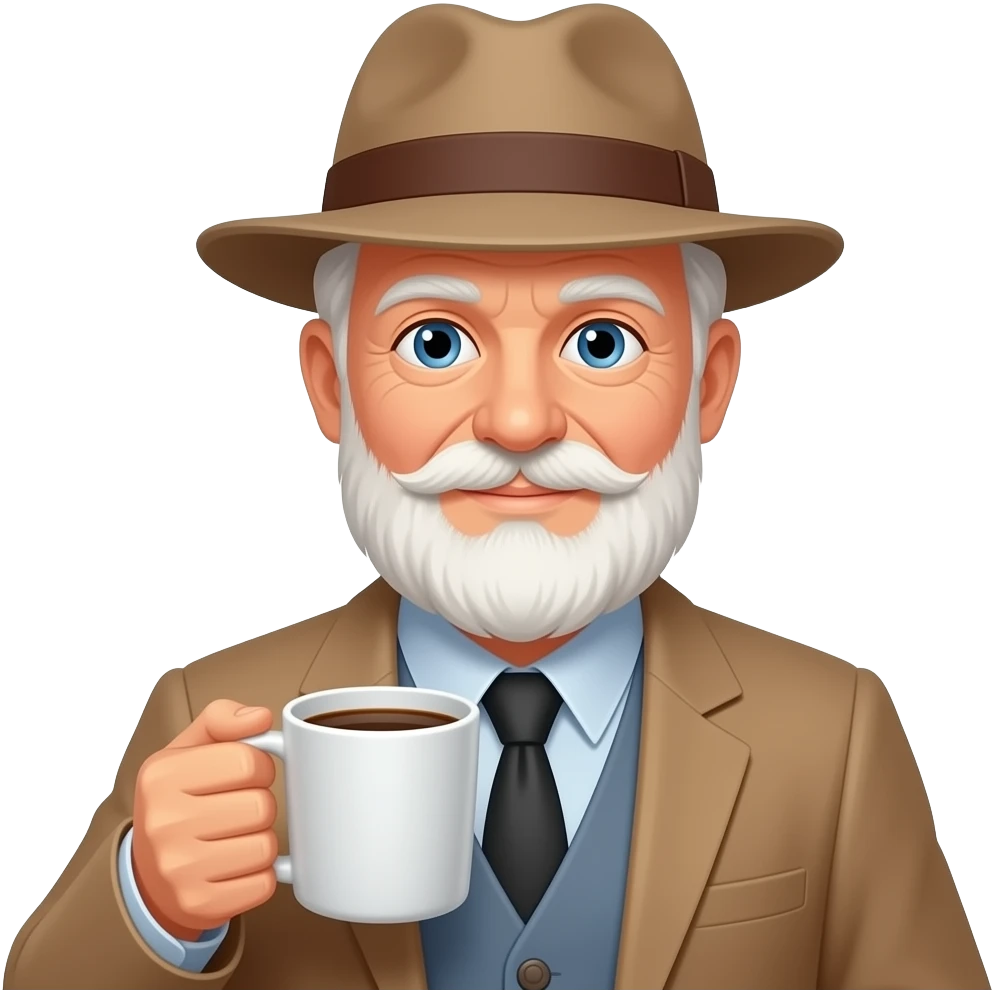 old man with hat and hold coffee mug in his left  hand and visisble coffee emoji