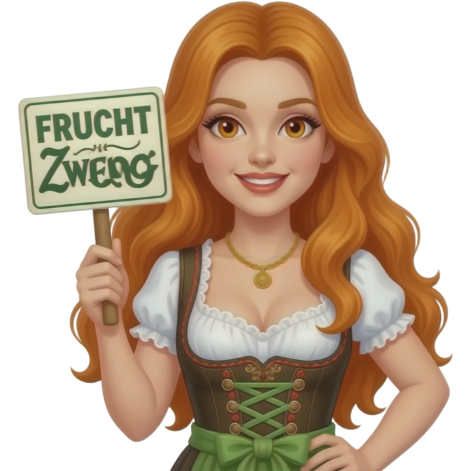 sexy girl with overlong ginger hair and ginger eyes wearing a dirndl holding FRUCHT ZWERG sign emoji