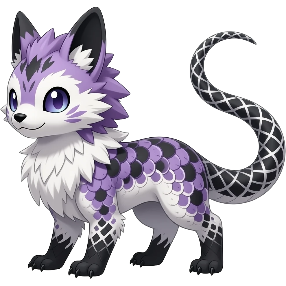 Grunge-patterned plaid-patterned feathery elegant realistic Furry, feathery fluffy tropical flecked painted feathery scaly, Purple, white, black, Minccino-Bambino-Lykoi-Linoone-Zangoose-fusion-hybrid-animal-Fakémon-creature, full body, thin long sleek scaly tail, intricate markings emoji