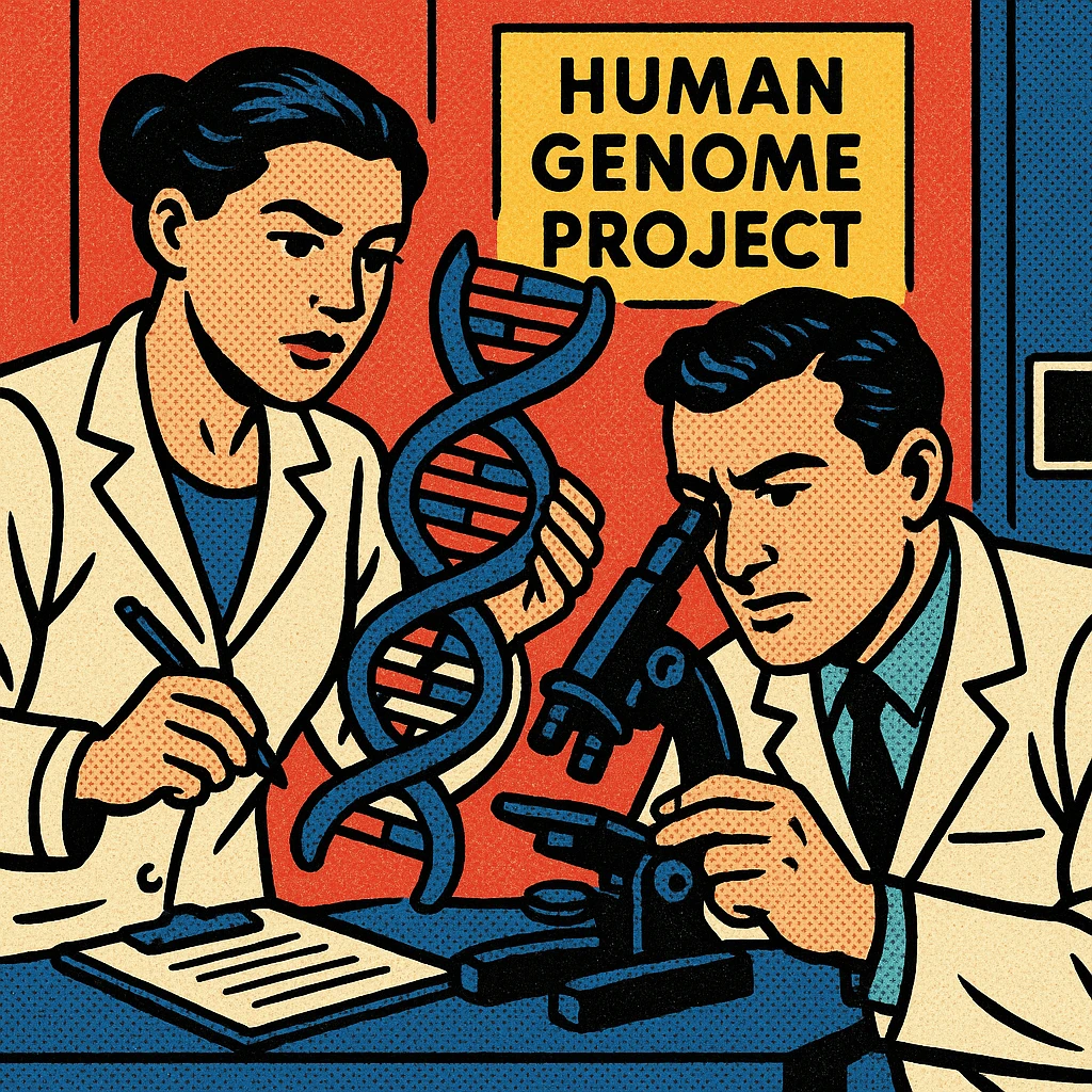 A male and female scientists carrying out medical research in a modern science lab.  A sign on the door in the background reads 'Human Genome Project' and the two scientists are studying the structure of DNA. There are computers from the 1990s in the background. emoji