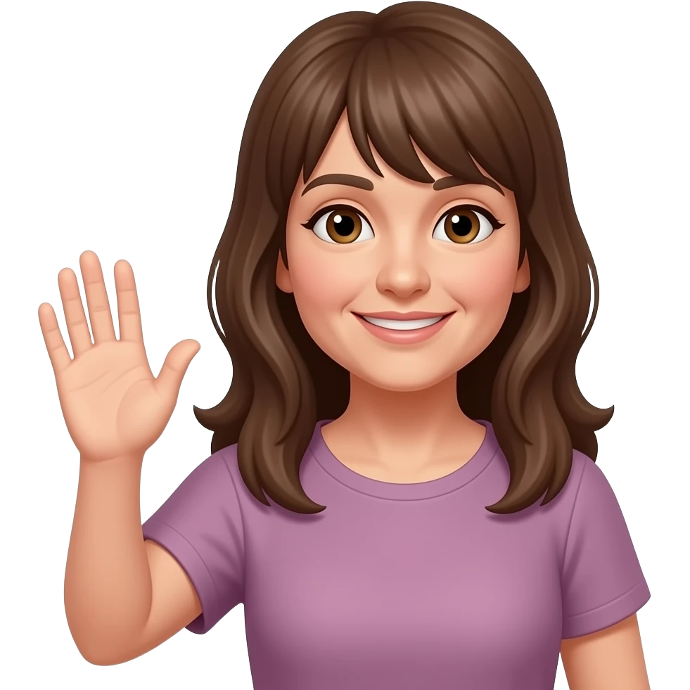 frau um die 50, mit langen, offenen, braunen haaren, mit pony  schmalem gesicht, braune augen,grüßend emoji