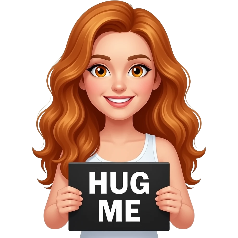 sexy girl with long wavy ginger hair and ginger eyes wearing a white tanktop is holding a black colored sign with HUG ME written on it emoji
