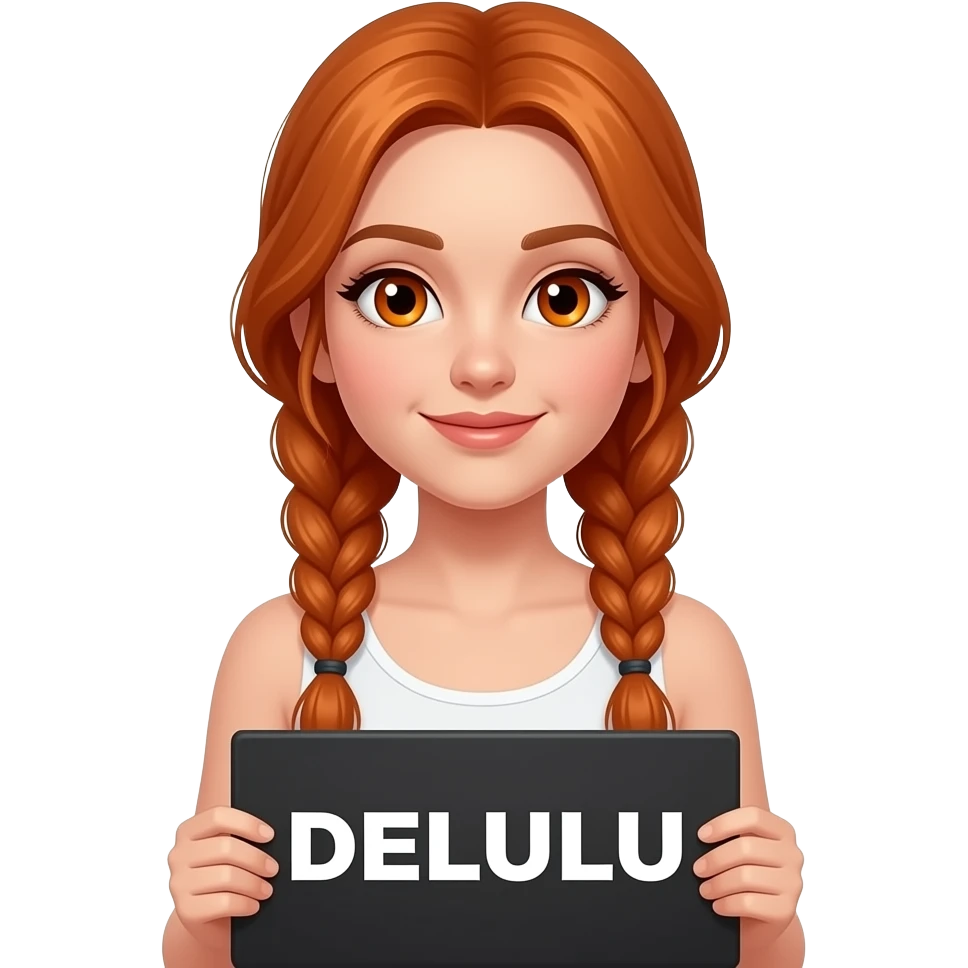 sexy girl with long ginger braids and ginger eyes wearing a white tanktop is holding a black sign with DELULU written on it emoji