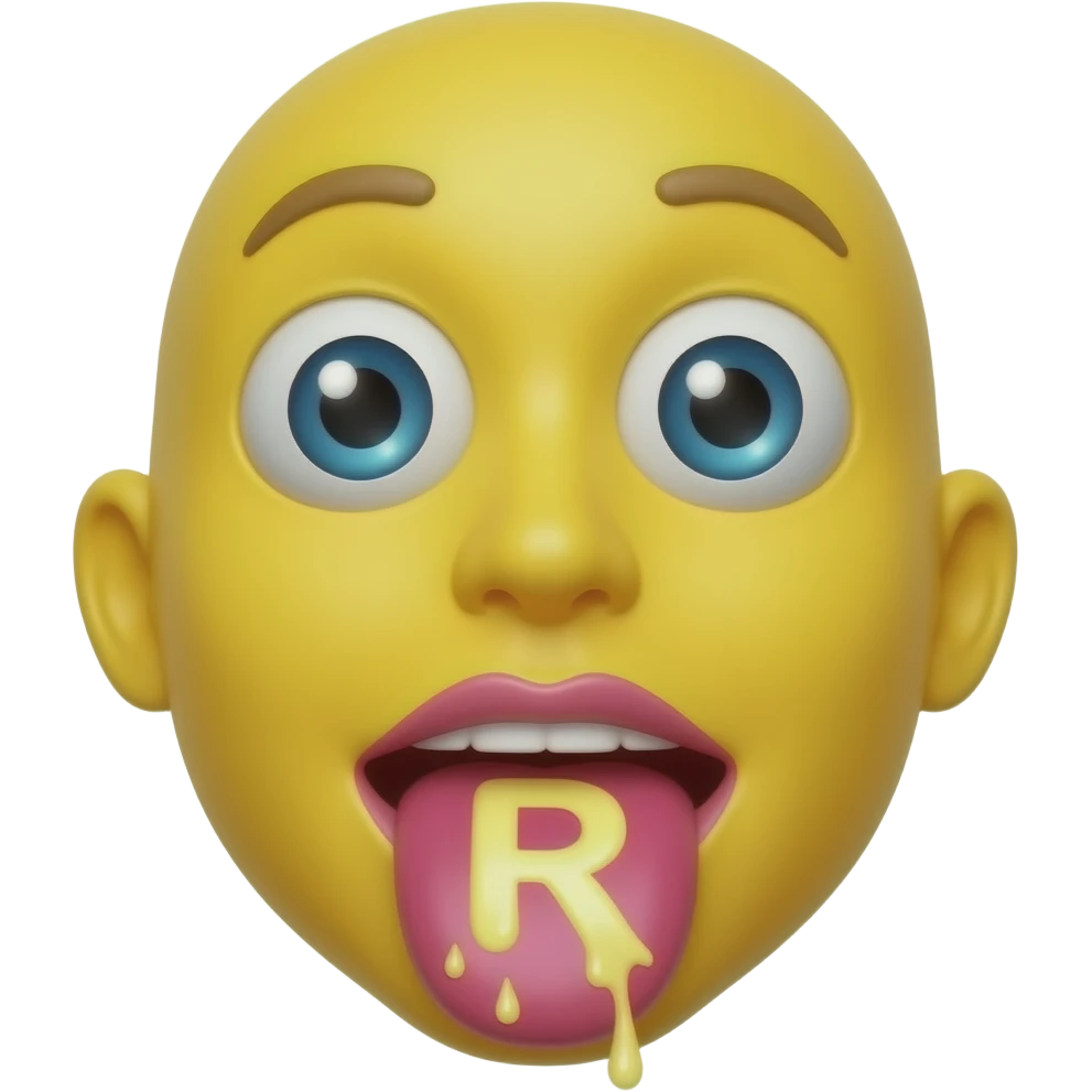 yellow face with 'R' shaped eyes and mouth with pink lipstick open, letter 'R' flowing out emoji