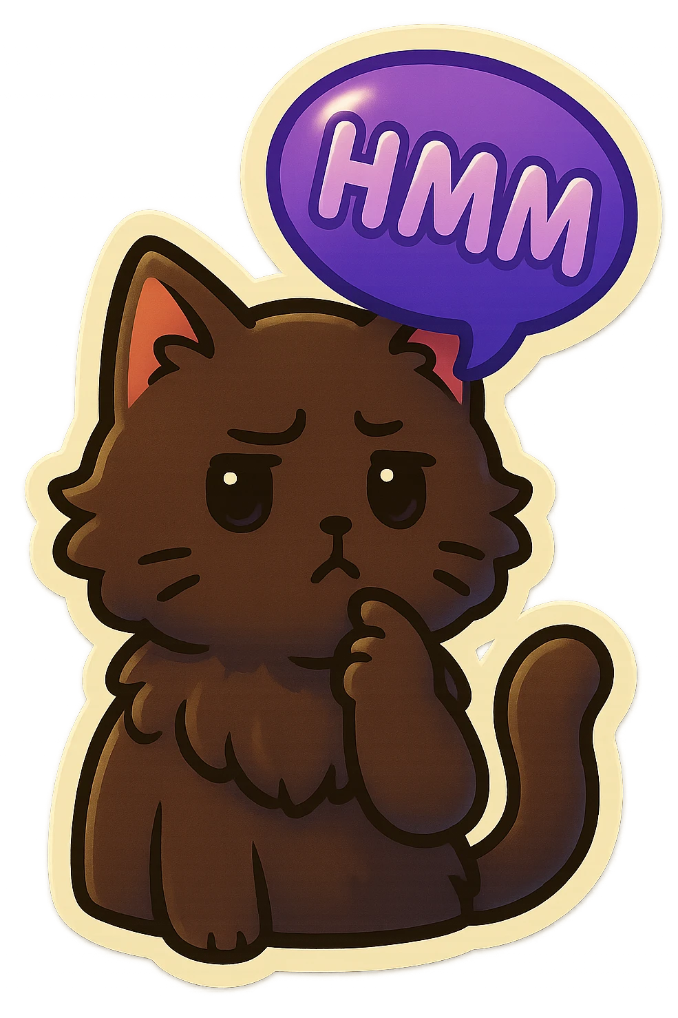 a dark-brown fluffy cute kawaii anime cat thinking frowning thoughtfully, saying “hmm” with a purple speech bubble emoji