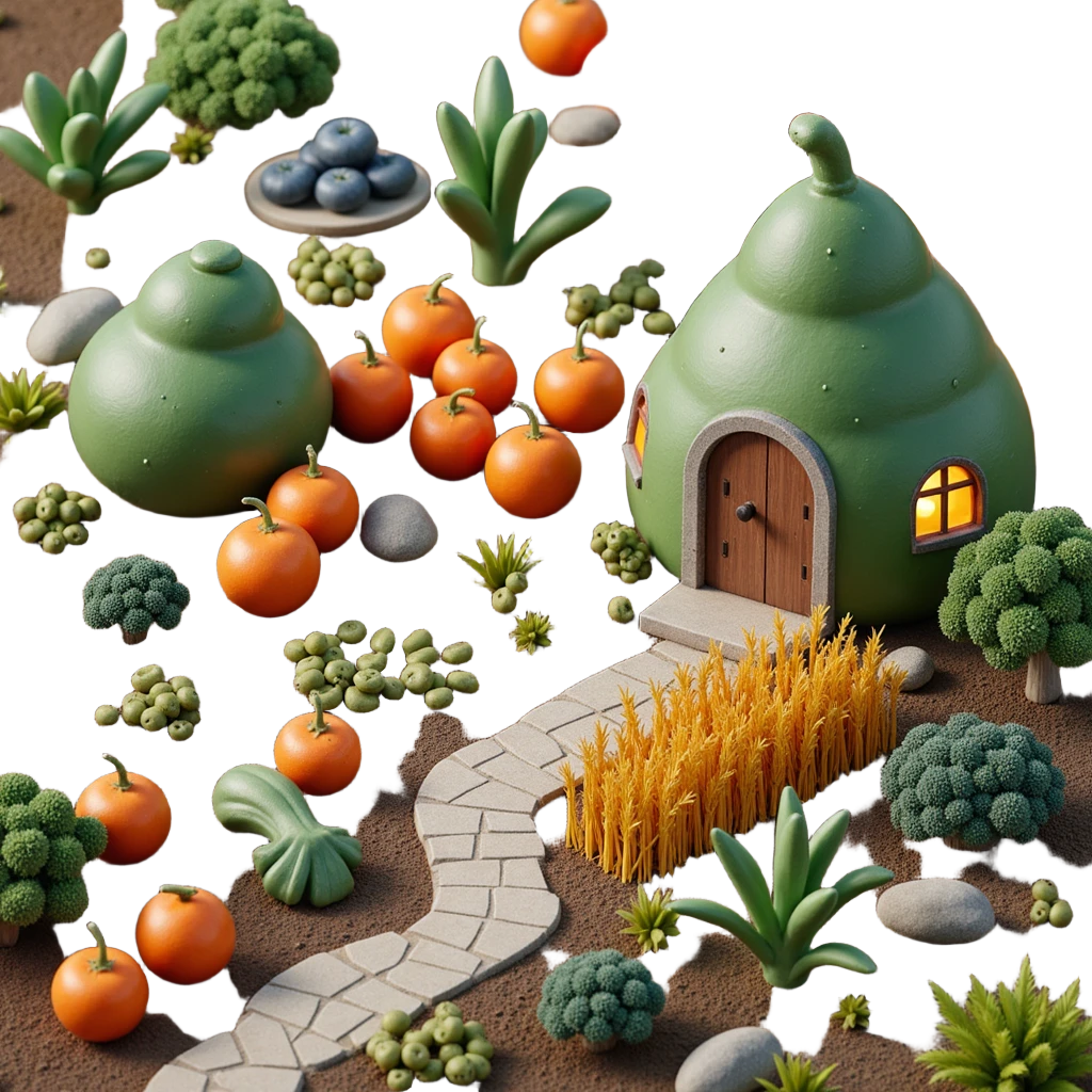 Exterior view of an alien farm with strange organic buildings shaped like alien fruits, bizarre plant forms growing from glowing soil, twisted wheat and mutated vegetables emoji