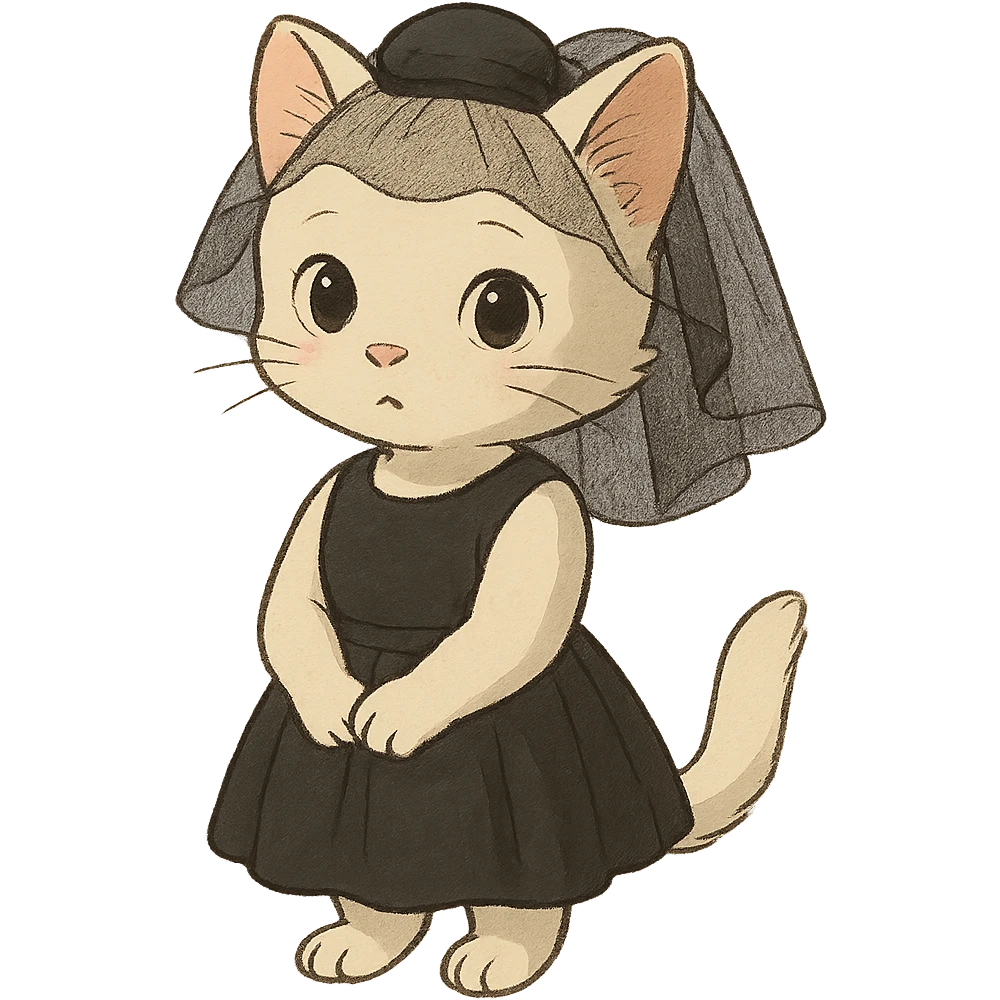 ghibli style white kitten wearing a black mini dress and black veil emoji