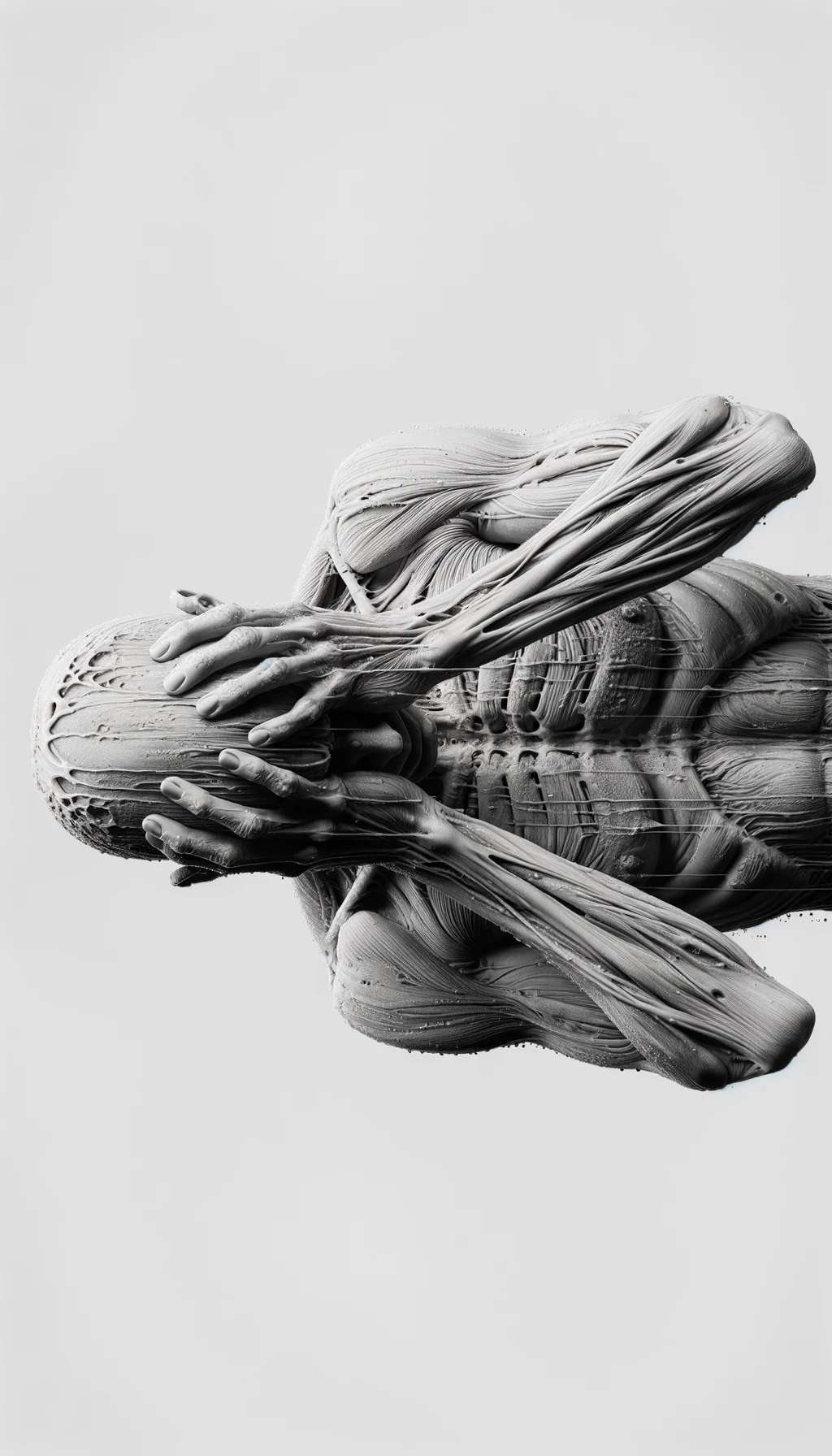 CORPO UMANO ANATOMICO REALISTICO DISPERATO, POSA FRONTALE,  SI TIENE LE MANI SULLA FRONTE E NON SA COSA FARE, SUDATO, IPERREALISTICO 4K, SFONDO BIANCO emoji
