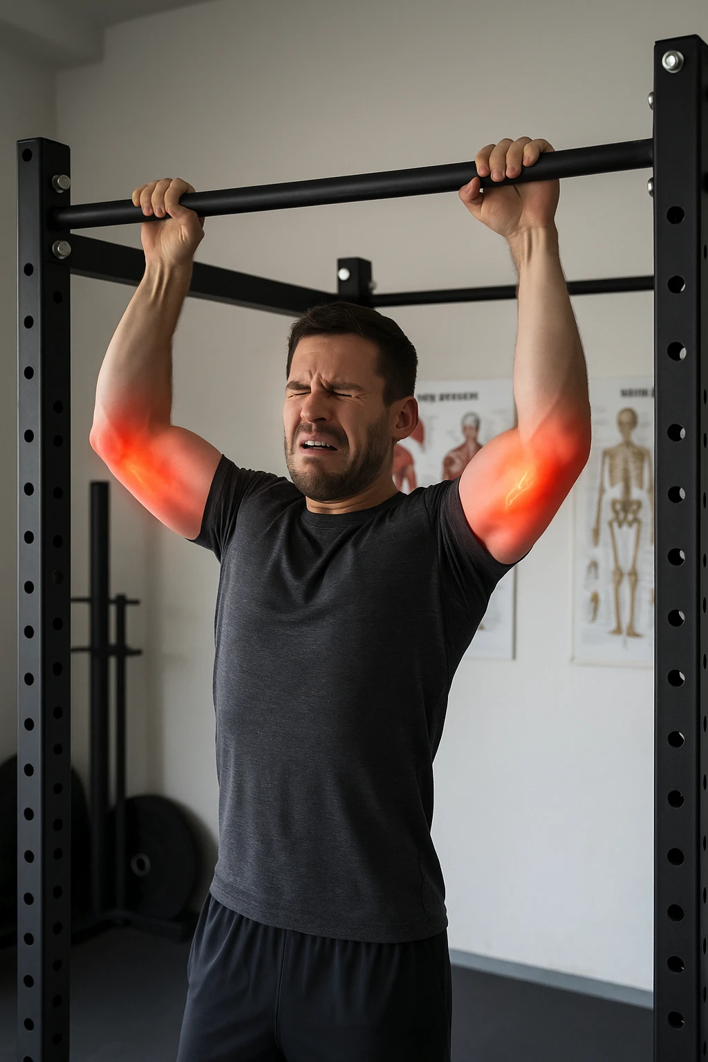 a man in athletic wear esegue una trazione alla sbarra in palestra. I suoi gomiti sono evidenziati con un alone rosso acceso o un effetto glow, indicando infiammazione. Un’espressione di dolore è visibile sul suo volto. Sullo sfondo, attrezzi da palestra e poster anatomici. L’atmosfera è educativa e realistica. emoji