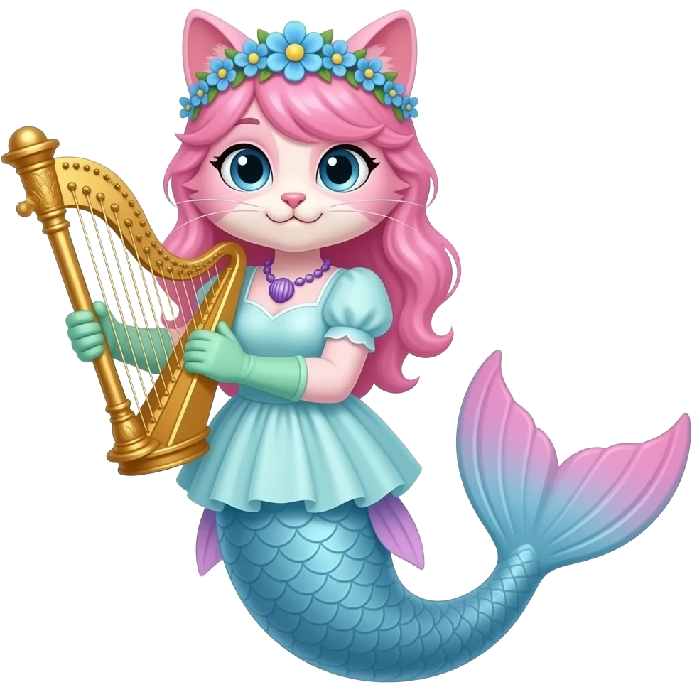 Male  light pink anthro cat  with pink hair blue flower crown with light purple shell necklace light cyan dress attached to long light blue mermaid tail with pink fins light green gloves holding a golden harp emoji