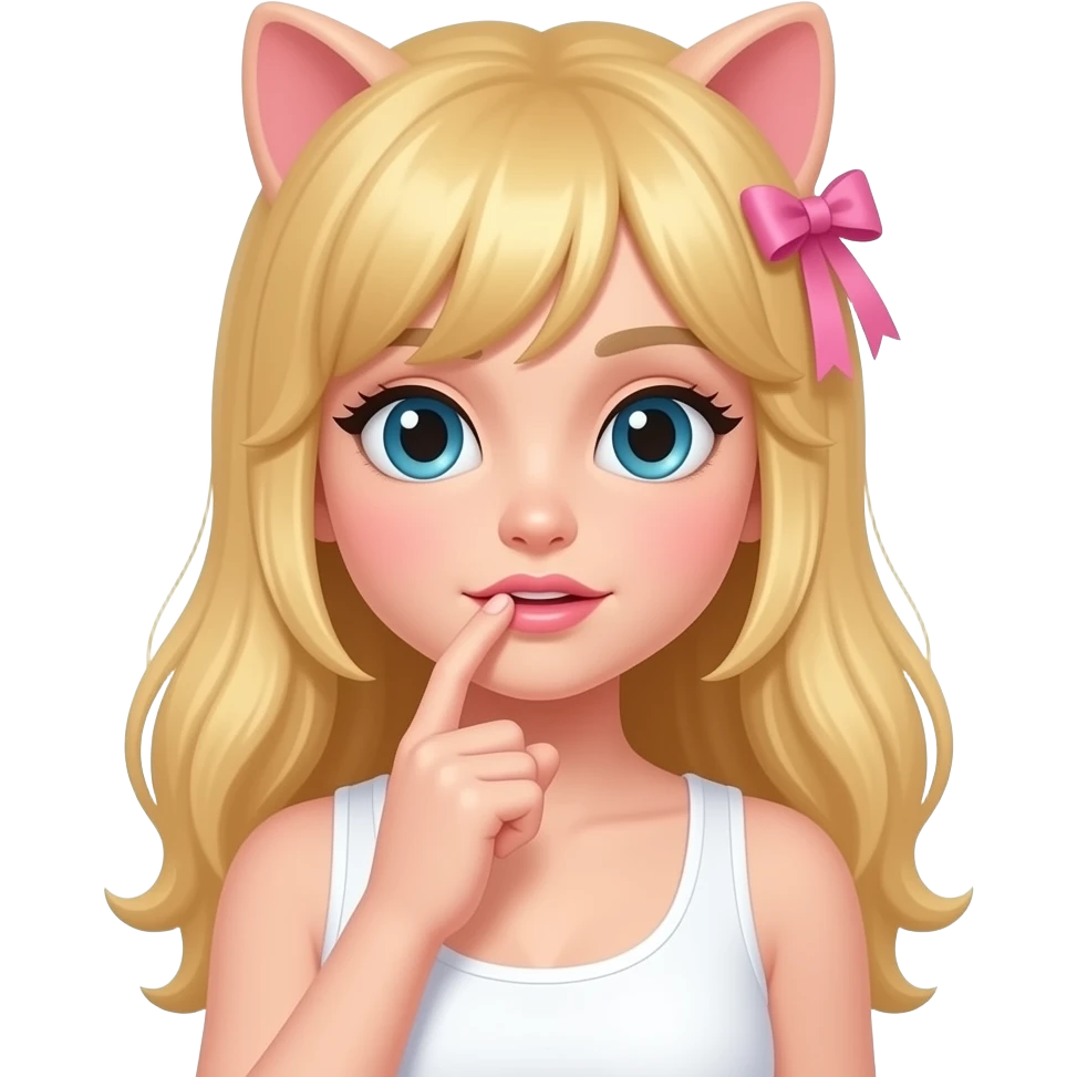 una chica con el pelo rubio y largo la camizeta de color blanco y un laso rosa el el pelo y que se muerda el dedo como katteyes si pero sin las orejas emoji