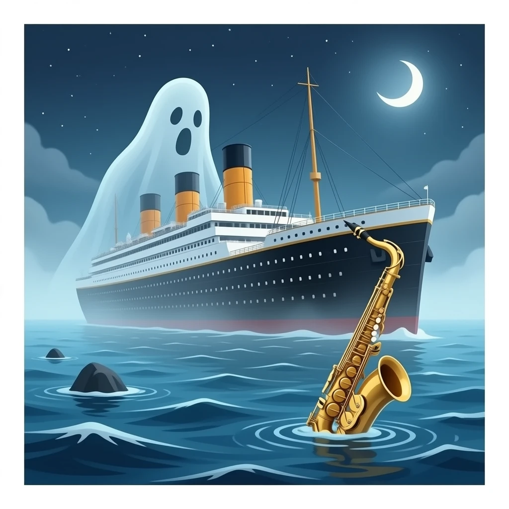 the ghostly ship Titanic floats above the sea in which a saxophone floats emoji