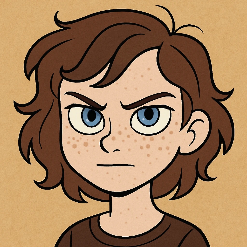 cartoon style girl with dusty brown hair, sharp blue eyes, pale skin with freckles emoji
