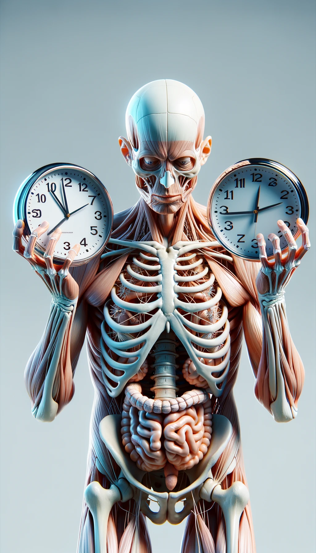 corpo umano anatomico CHE TIENE OROLOGI NELLE MANI E STA IMPAZZENDO PERCHé NON RIESCE A SVOLGERE TUTTE LE SUE ATTIVITà QUOTIDIANE: NON HA TEMPO, SFONDO CHIARO, iperrealistico 4k emoji