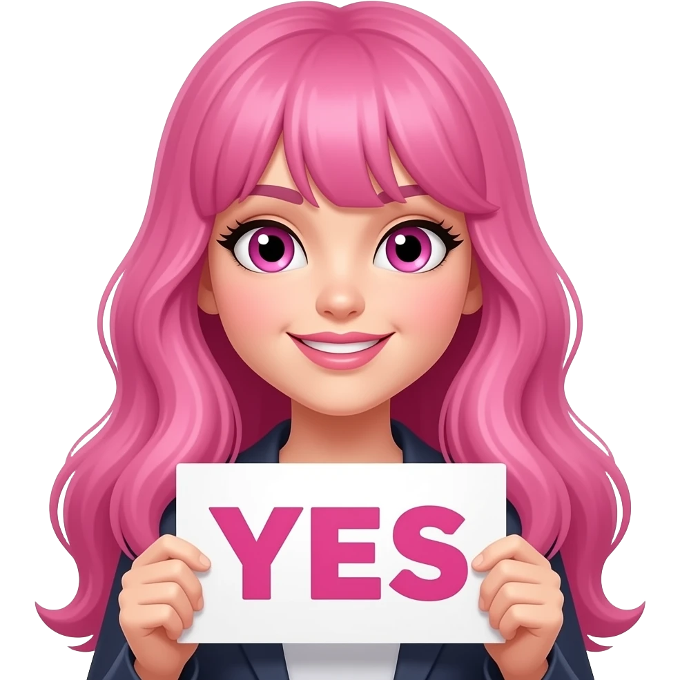 sexy girl with long pink hair and pink eyes holding a YES sign emoji